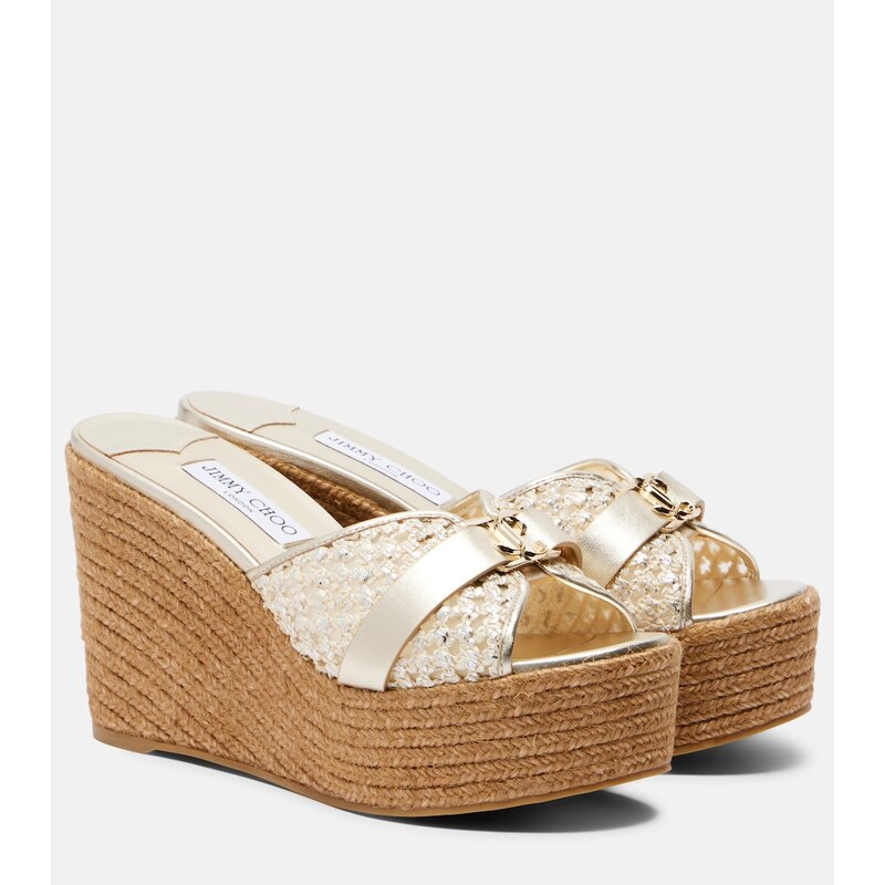Jimmy Choo Leda raffia-trimmed leather wedge espadrilles