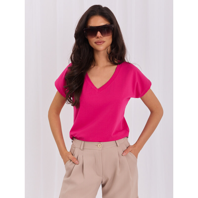 BASIC FEEL GOOD Růžové dámské tričko s výstřihem RV-TS-4832.40P