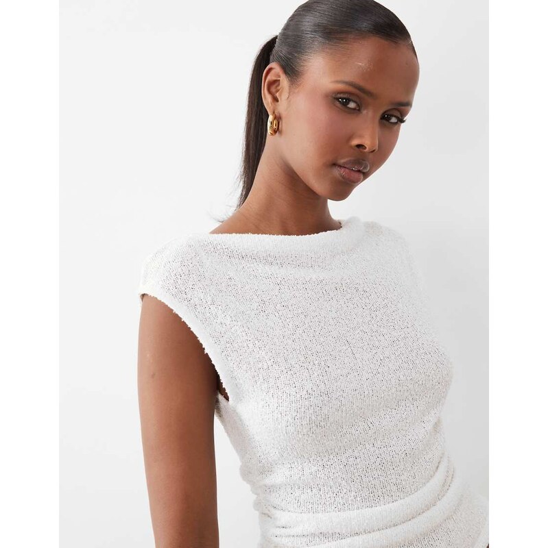 Gina Tricot boucle boatneck top in cream-White