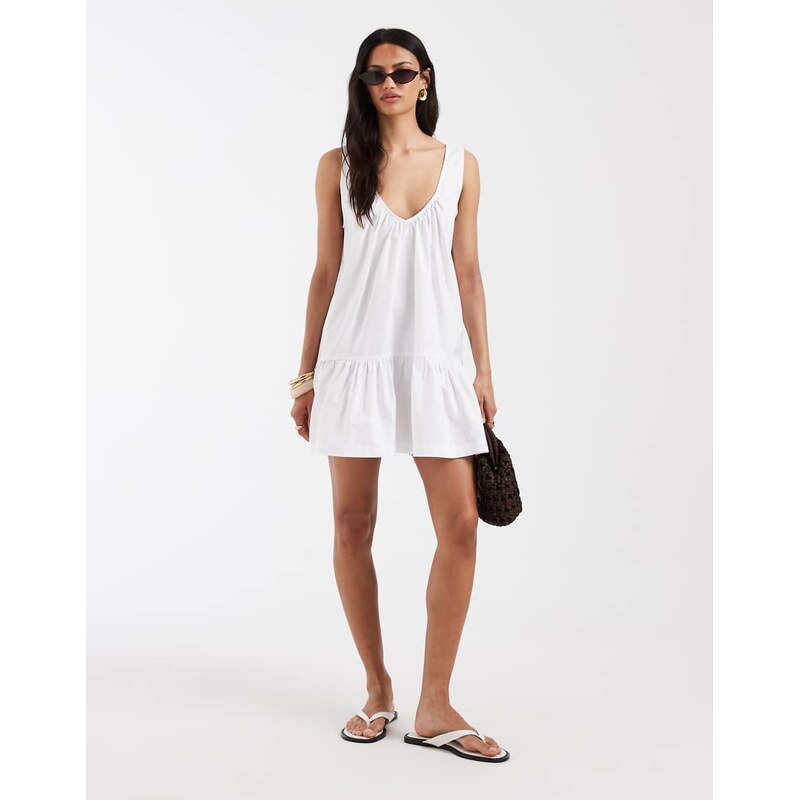 ASOS DESIGN lace trim v neck mini dress in white