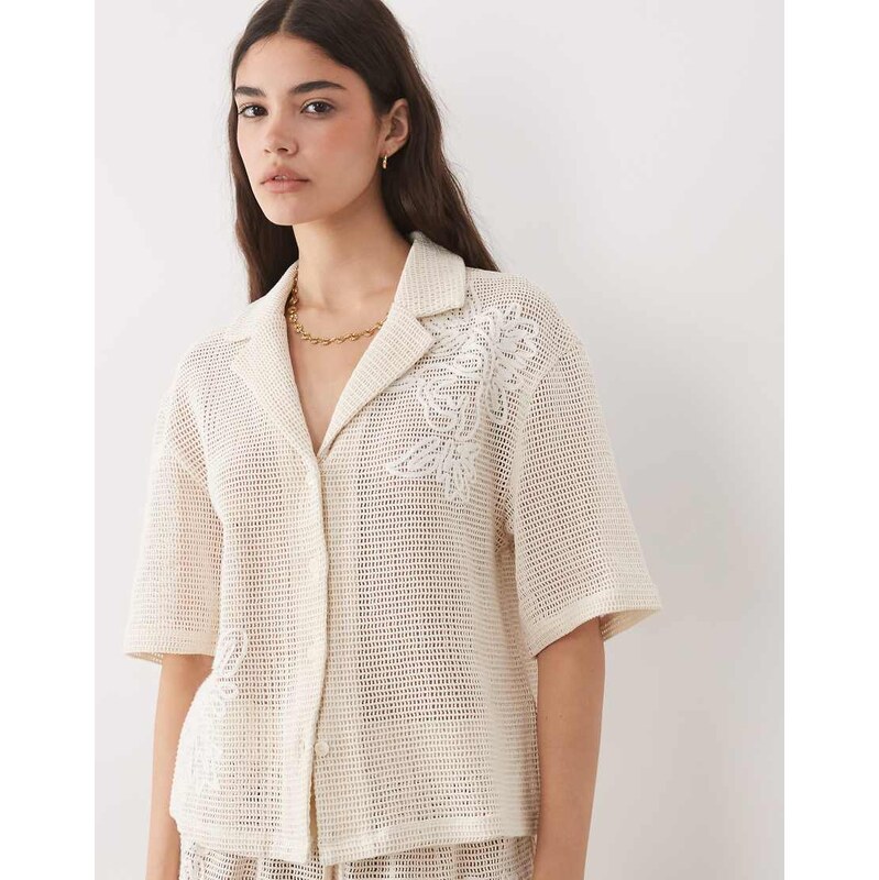 ASOS DESIGN open knit revere shirt co-ord with cornelli detail