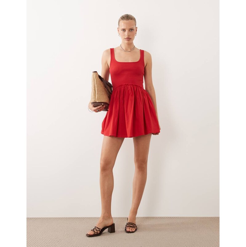 ASOS DESIGN scoop ribbed bodice with poplin skirt mini dress in