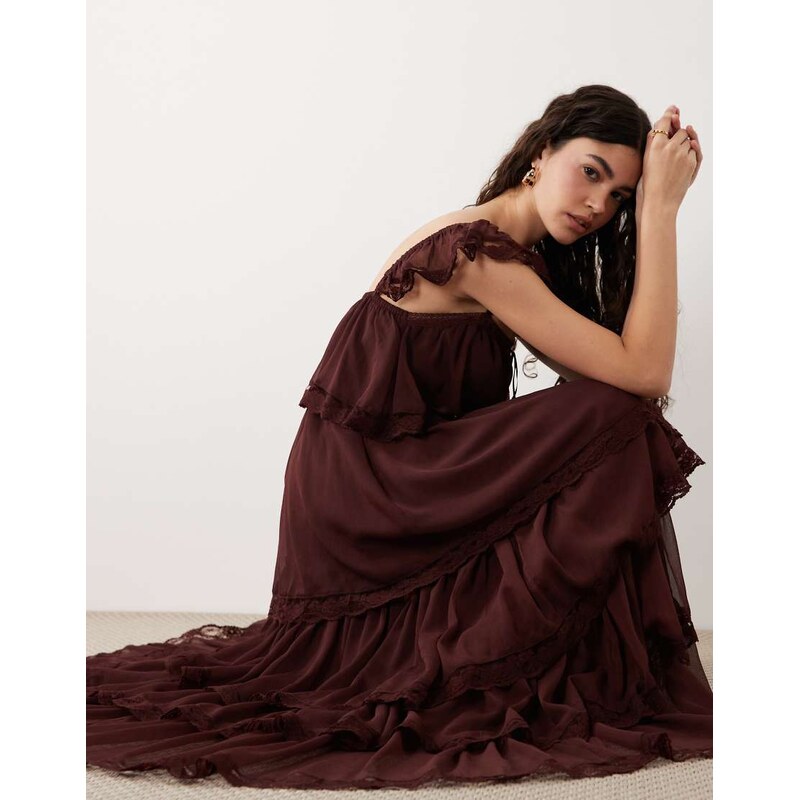 Miss Selfridge chiffon tiered maxi dress in chocolate-Brown