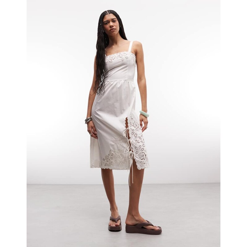 Monki floral broderie midi dress in white
