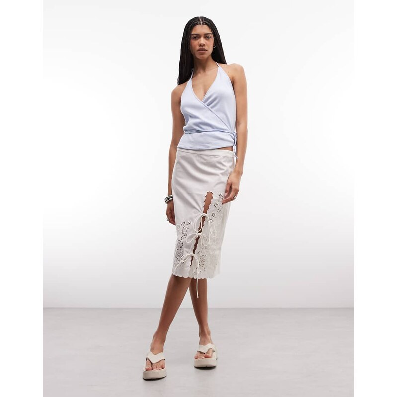 Monki floral broderie midi skirt in white