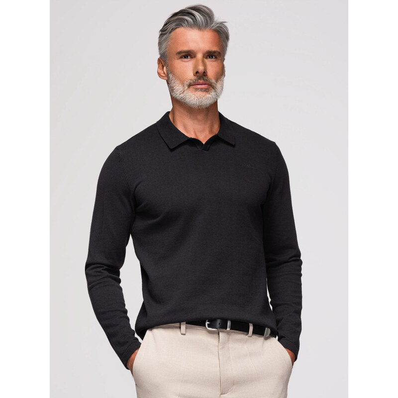 Ombre Mens polo sweater with embroidery on chest - black