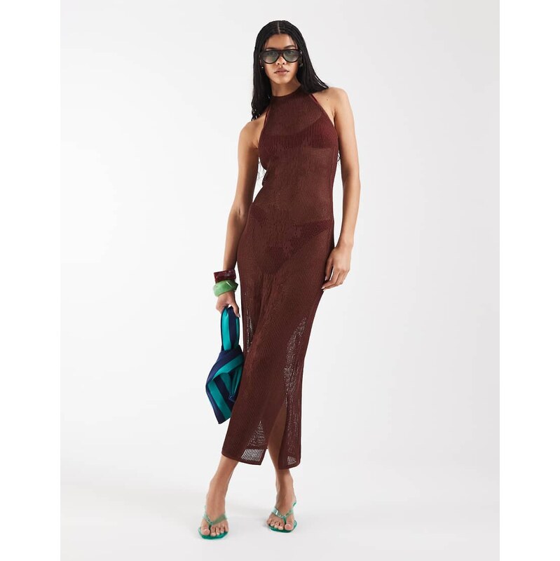 Reclaimed Vintage crochet floral halter neck maxi dress in brown