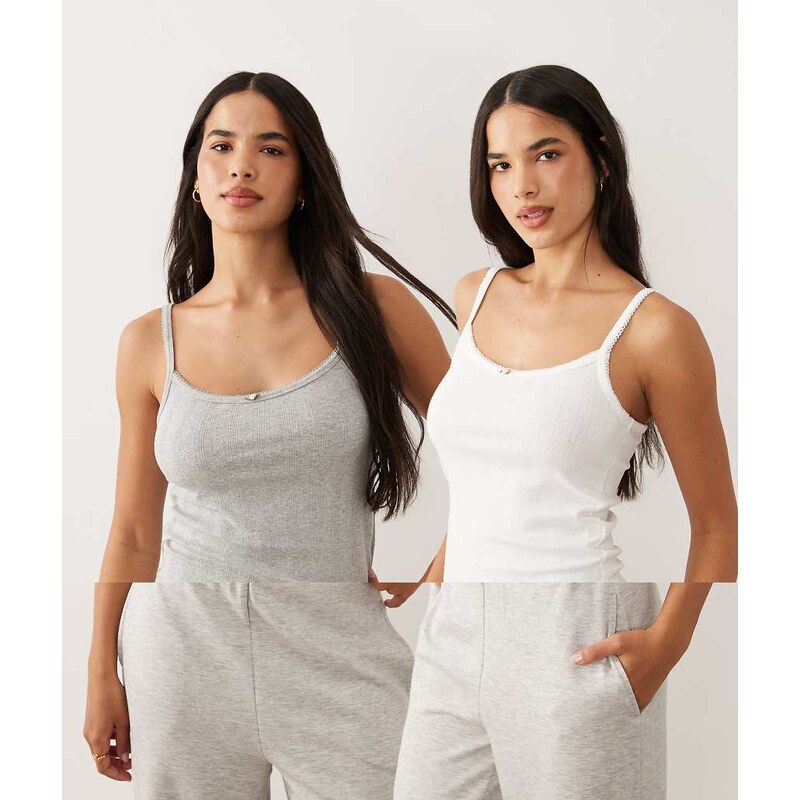 ASOS DESIGN 2 pack pointelle pyjama cami top with rosebud trim
