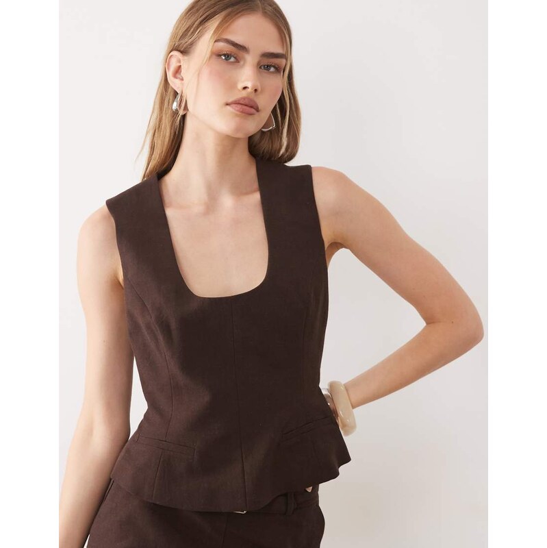 ASOS DESIGN deep scoop neckline tailored top in-Brown