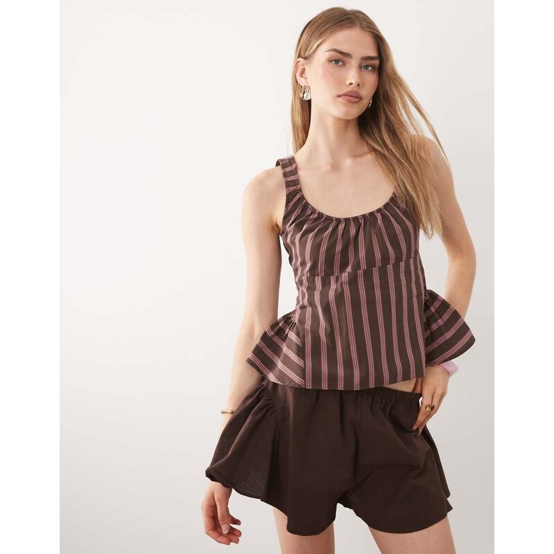 ASOS DESIGN godet waist strappy top in chocolate stripe co ord