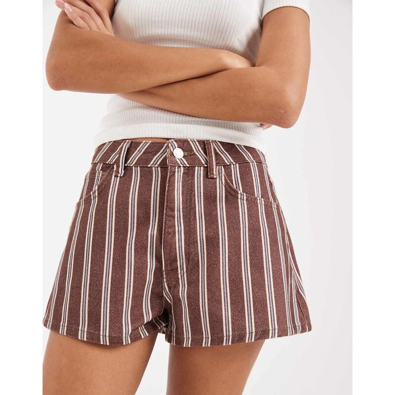 Asos Design denim A line short in stripe-Brown