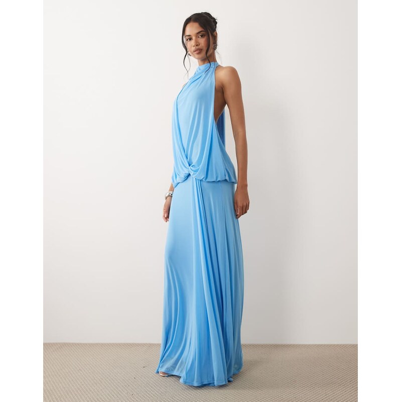 ASOS DESIGN mesh draped halter maxi dress in blue