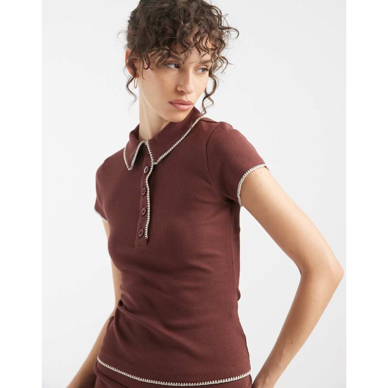 ASOS DESIGN shrunken polo with blanket stitch detail in choc