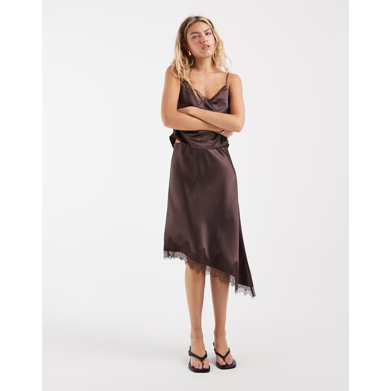 ONLY assymetric satin lace midi skirt co-ord in brown