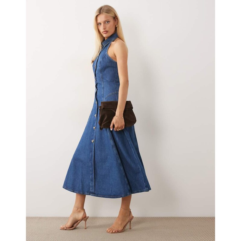 ASOS LUXE denim pleated midi dress with heart buttons in mid