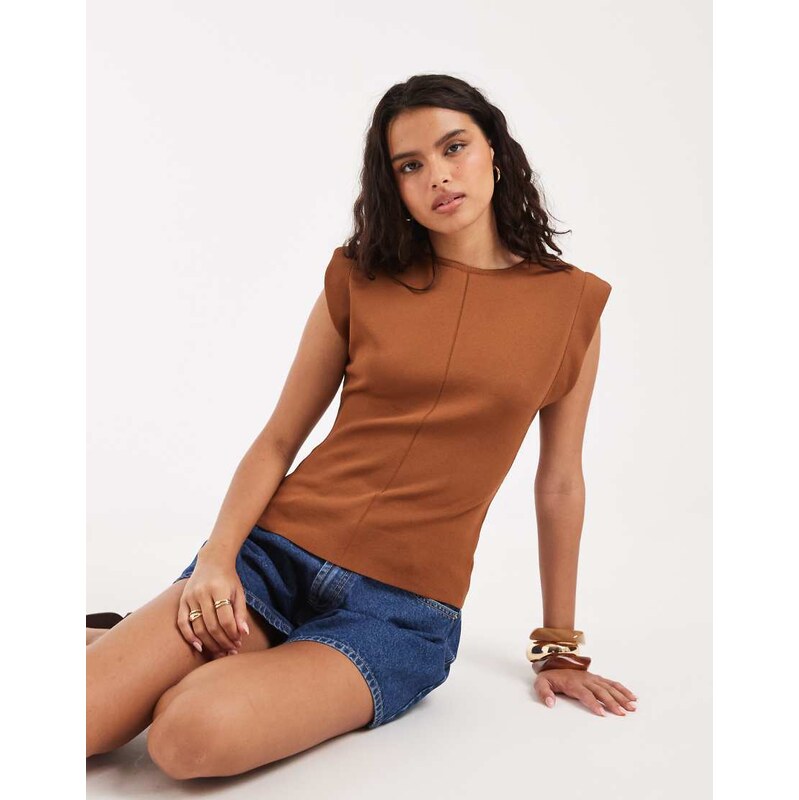 River Island fine knit fitted top with cap sleeves in brown