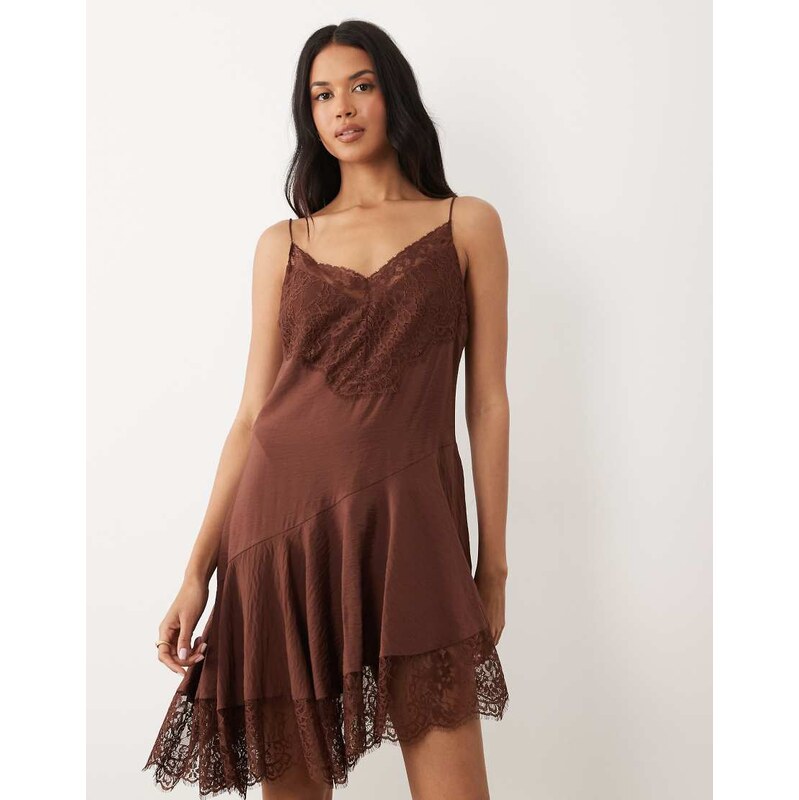 ASOS DESIGN slip lace trim mini dress with asym hem in chocolate