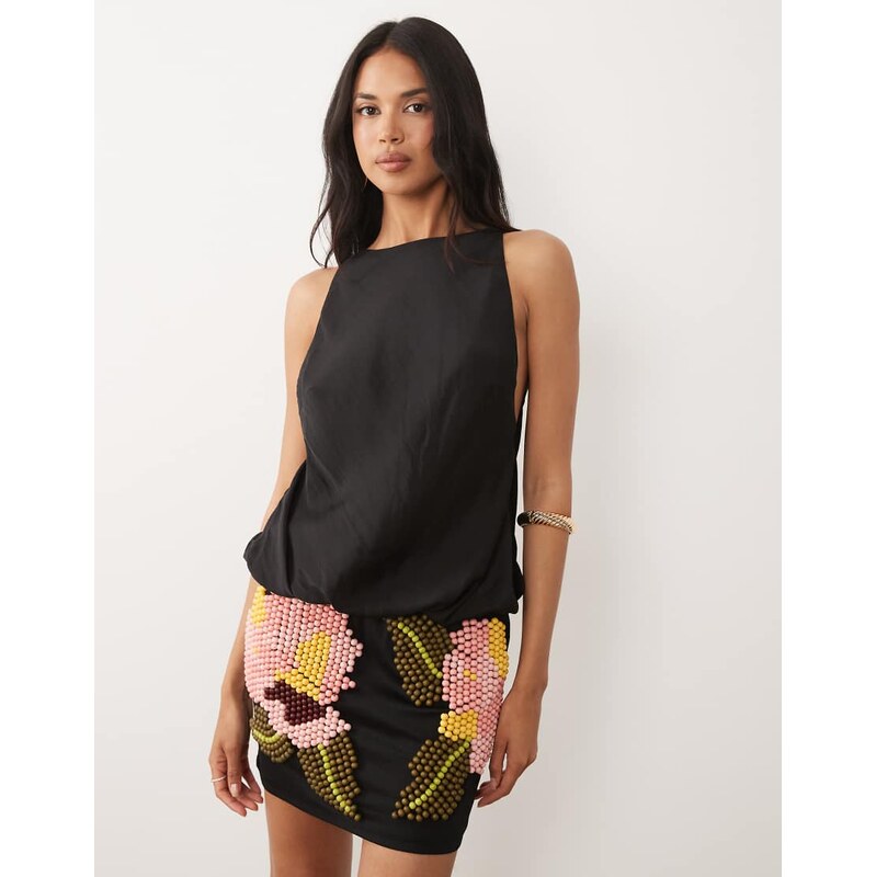ASOS DESIGN slash neck mini dress with beaded skirt in black