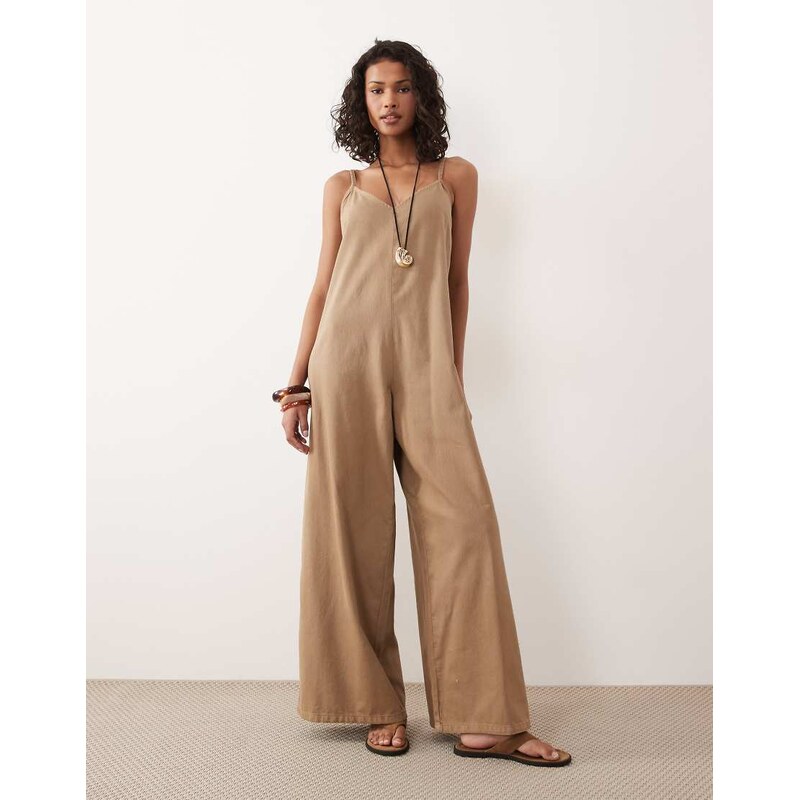 ASOS DESIGN soft denim jumpsuit with wide leg in mocha-Brown