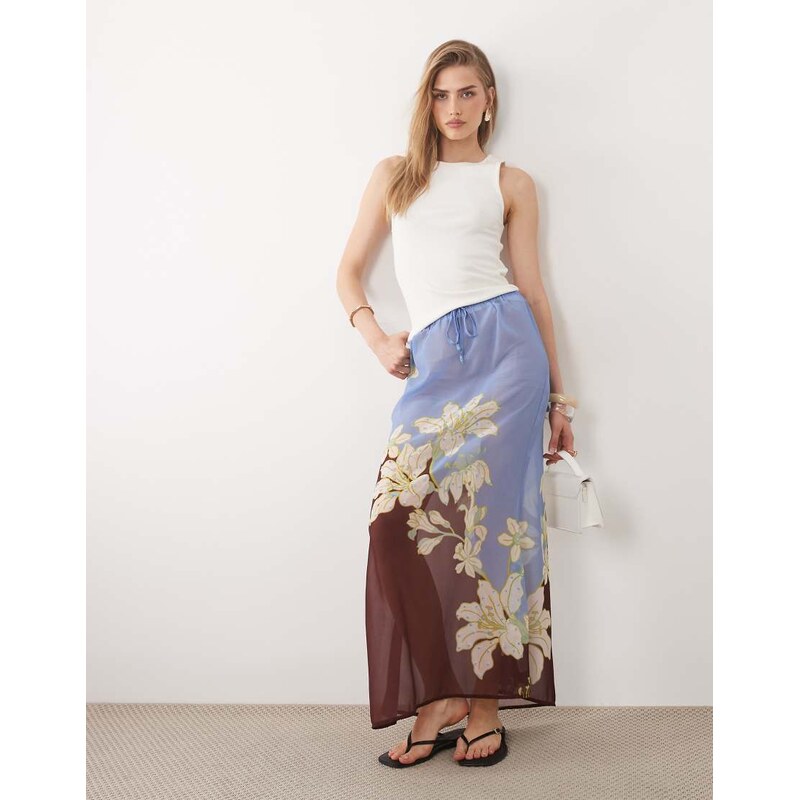 River Island floral print maxi skirt in brown-Black