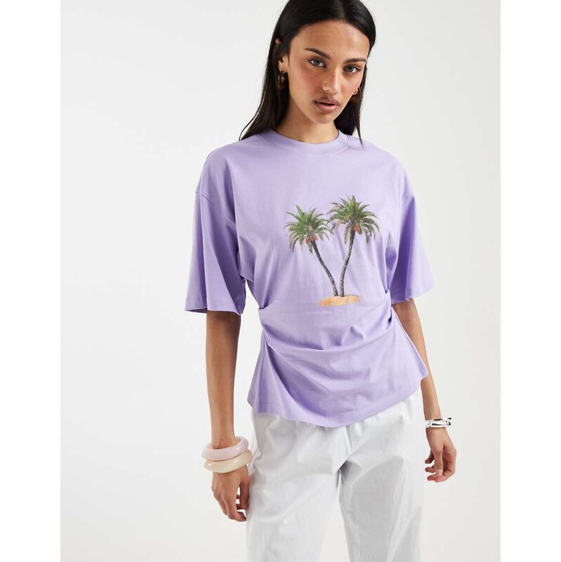 ASOS DESIGN Cinched waist T-shirt with palm graphic in lilac