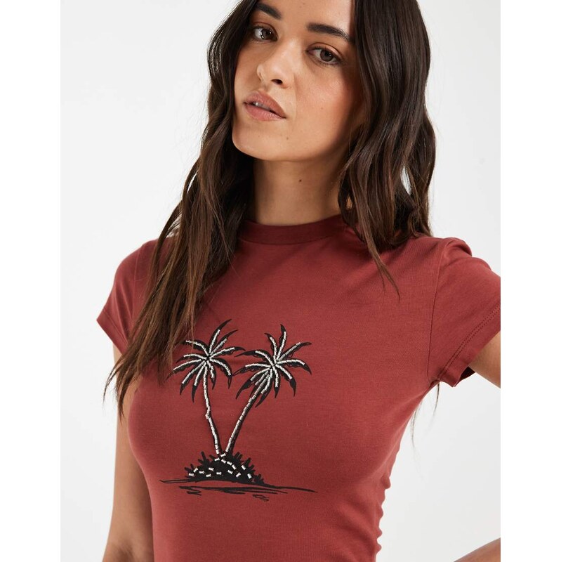 ASOS DESIGN Baby tee with beaded palm tree graphic in brown