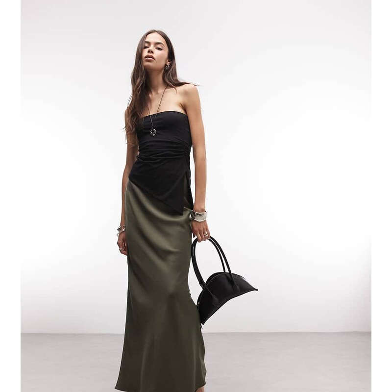 ASOS Tall ASOS DESIGN Tall satin bias midi skirt in khaki-Green