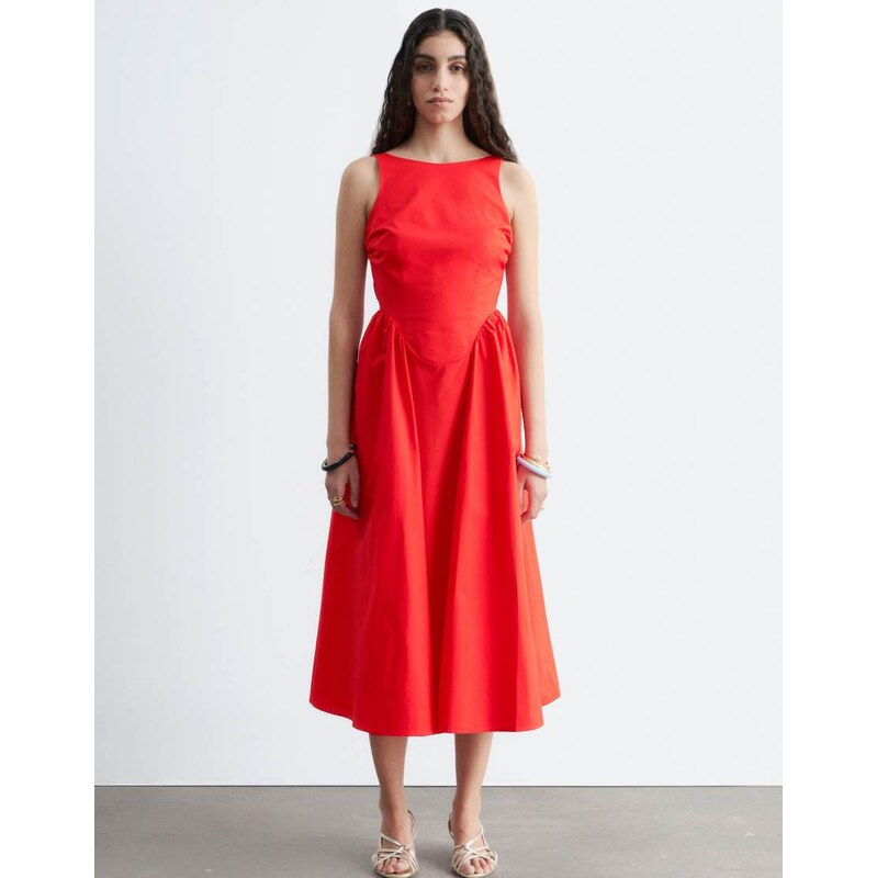 & Other Stories rich cotton volume waist hem midi dress in red