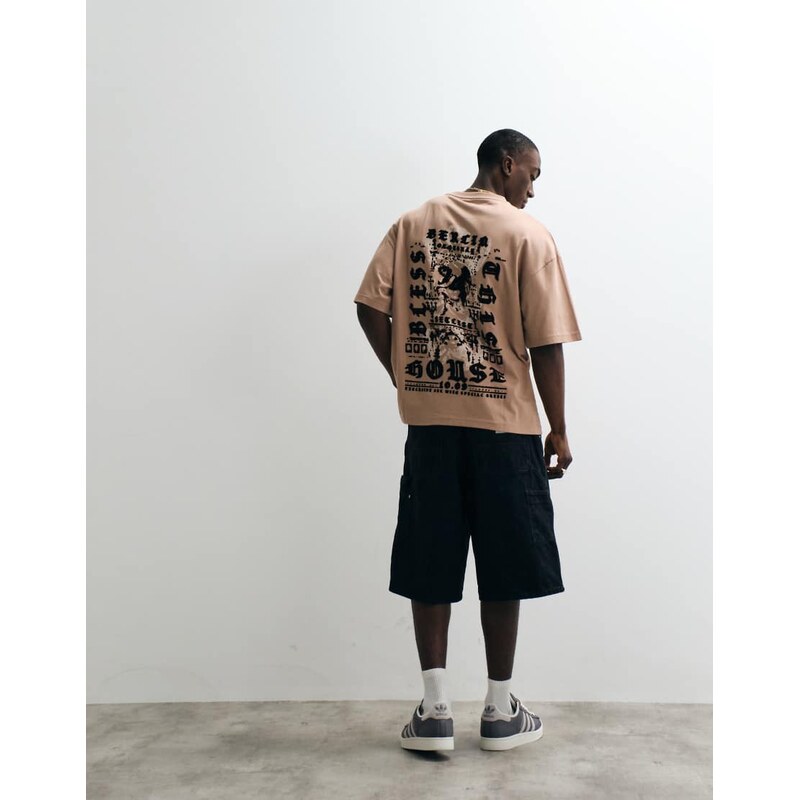 River Island oversized flocked renaissance print t-shirt in tan