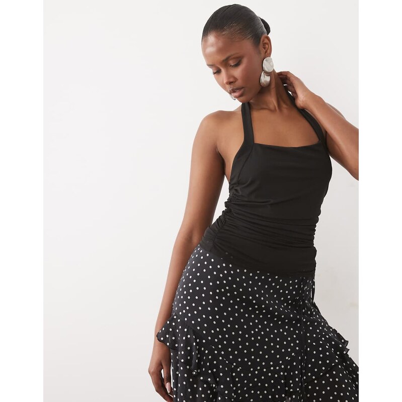 ASOS DESIGN mesh ruched halter top in black