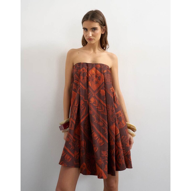 Topshop linen rich full trapeze bandeau mini dress in rust