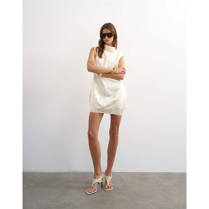 Topshop satin funnel neck tulip mini dress in off white