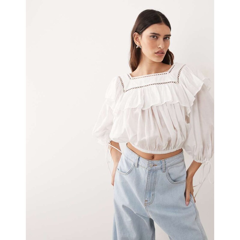 ARRANGE square neck cutwork blouson top with frill detail in