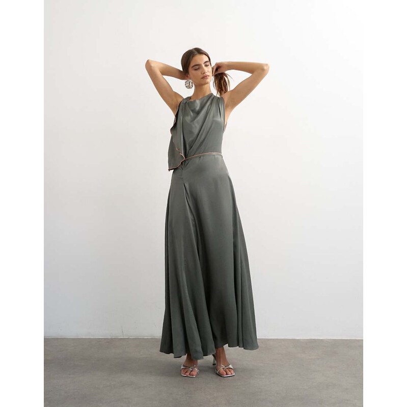 Topshop satin high cowl neck asymmetric maxi dress with peach