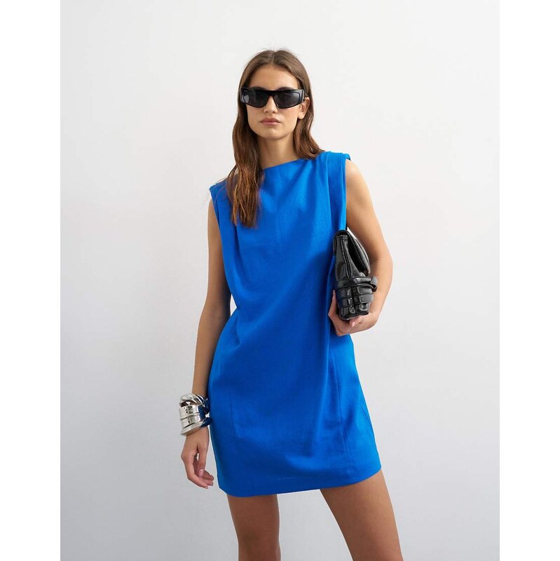Topshop linen rich exaggerated shoulder mini dress in cobalt