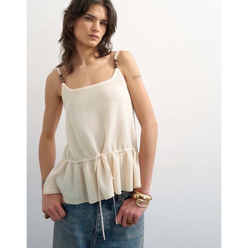 Topshop knitted beaded draw waist peplum tank in ivory-Multi