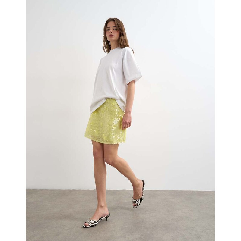Topshop floral sequin mini skirt with tie sides in yellow