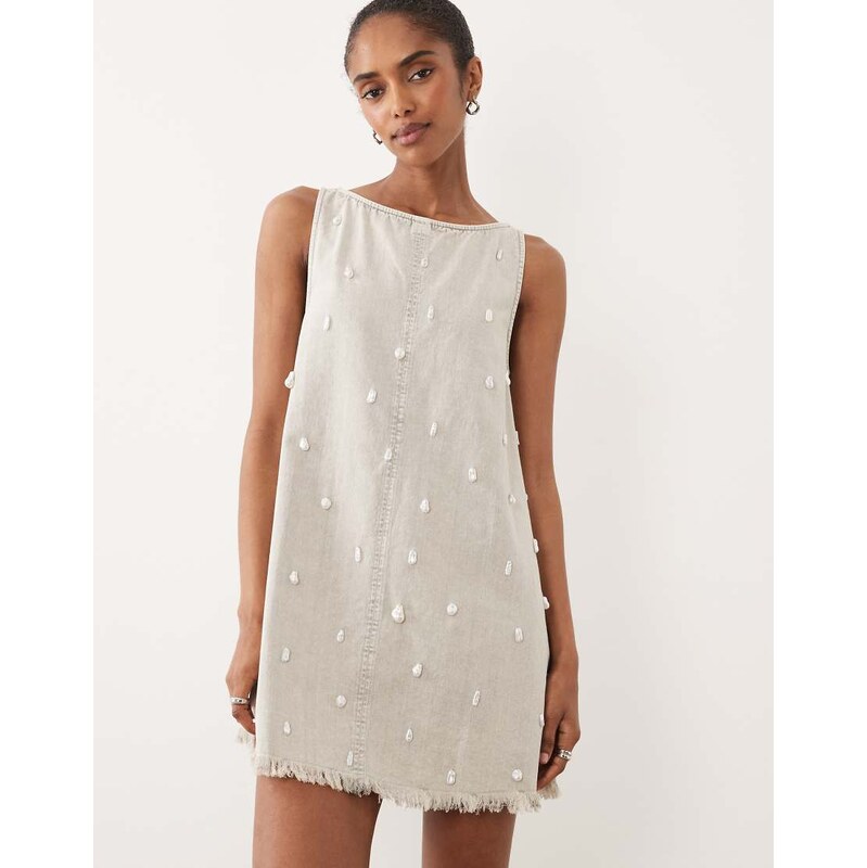 ASOS DESIGN slash neck twill mini dress with pearl embellishment