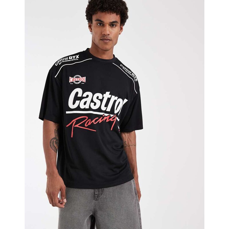 ASOS DESIGN oversized mesh tee with Castrol print in black