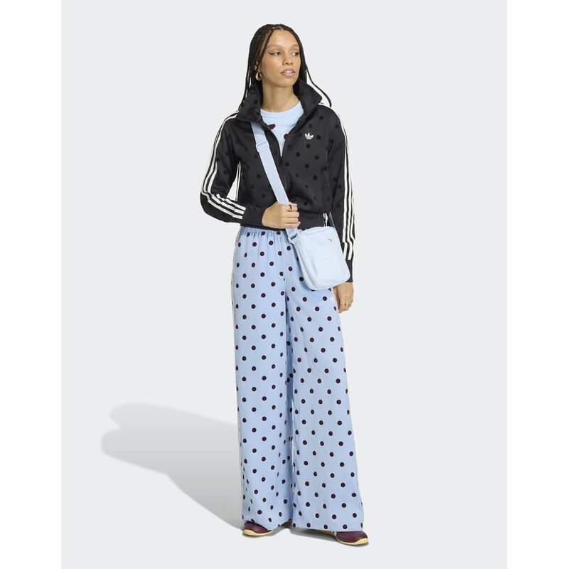 adidas Originals wide leg satin track pants in blue polka dot