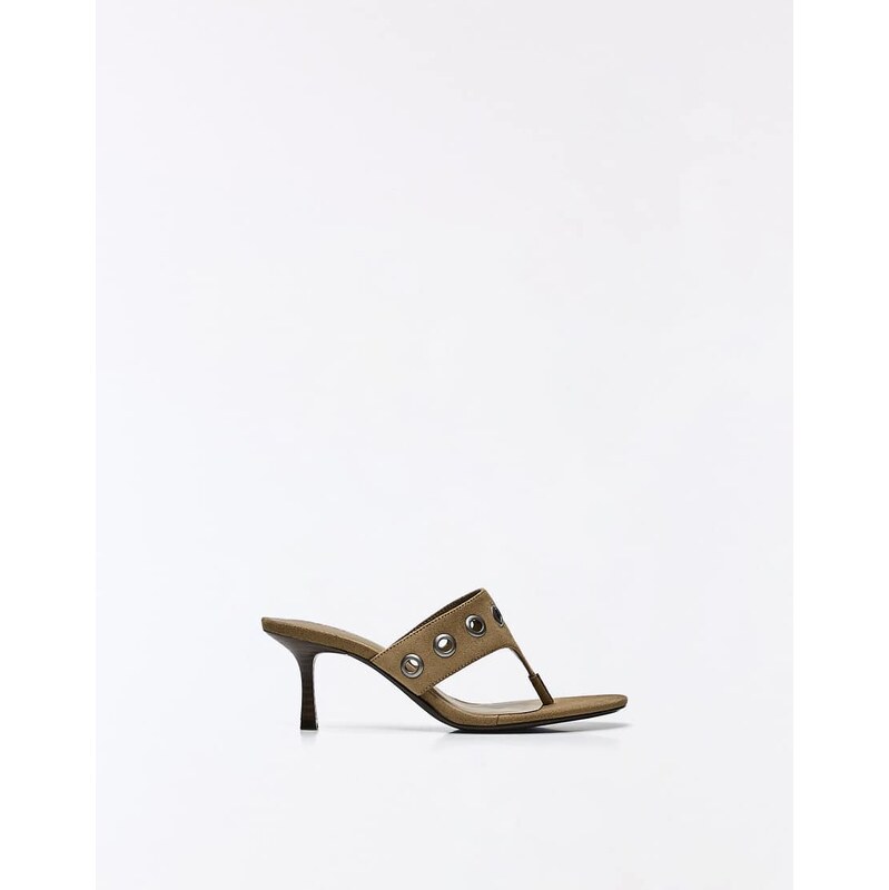 Bershka Studded kitten heel sandals in tan-Brown