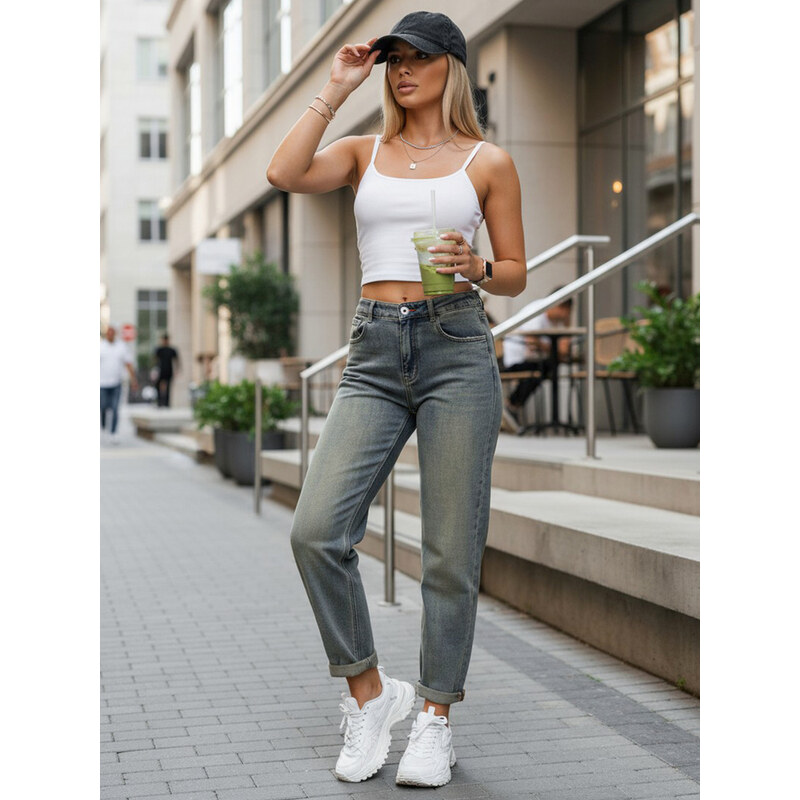 BASIC Dámské džíny mom fit s vysokým pasem šedé Šedá