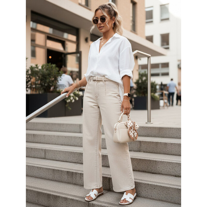 BASIC Dámské džíny wide leg s páskem béžové Béžová