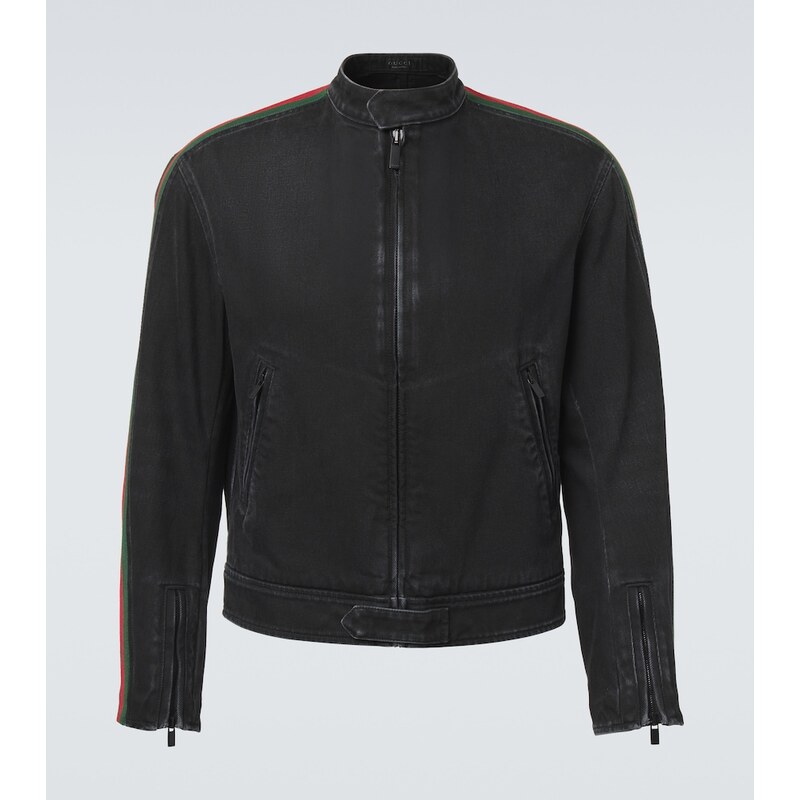 Pánská bunda Gucci Web Stripe denim biker jacket v barvě černá