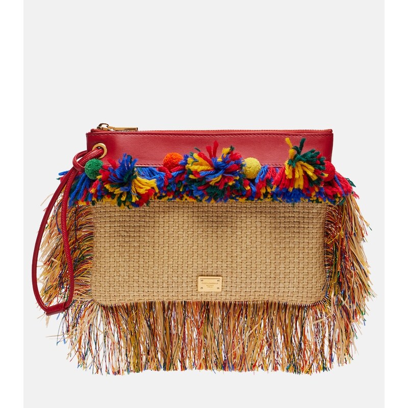 Dolce&Gabbana Fringed woven leather-trimmed pouch