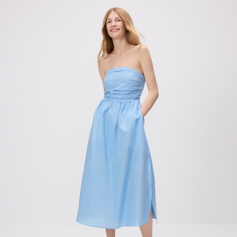 Reserved - Lněné midi šaty - světle modrá