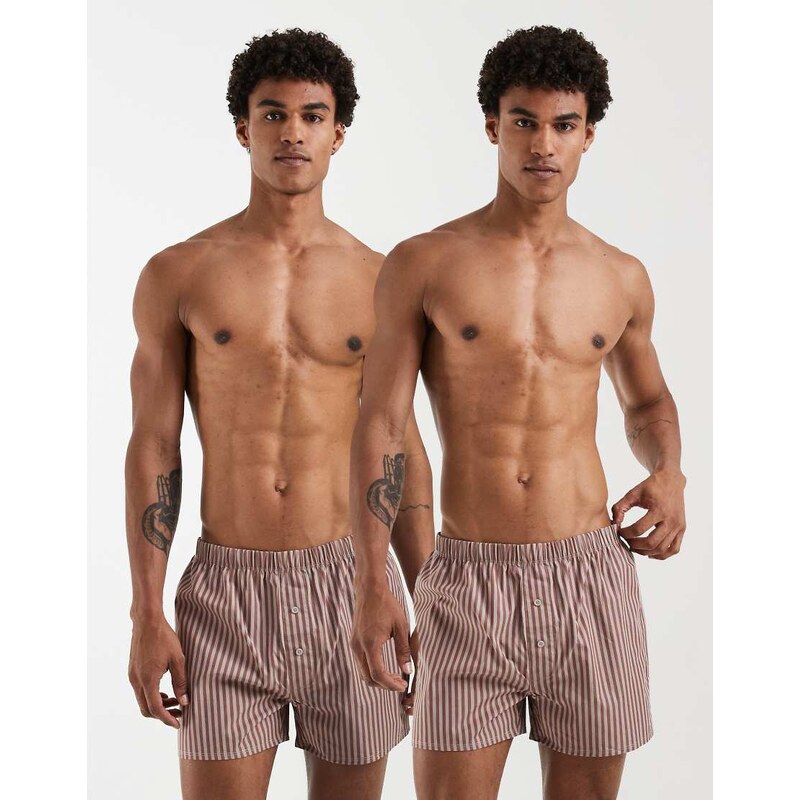 ASOS DESIGN 2 pack woven boxers in brown stripe