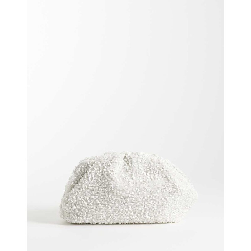 True Decadence embellished sequin pillow clutch in cream-White