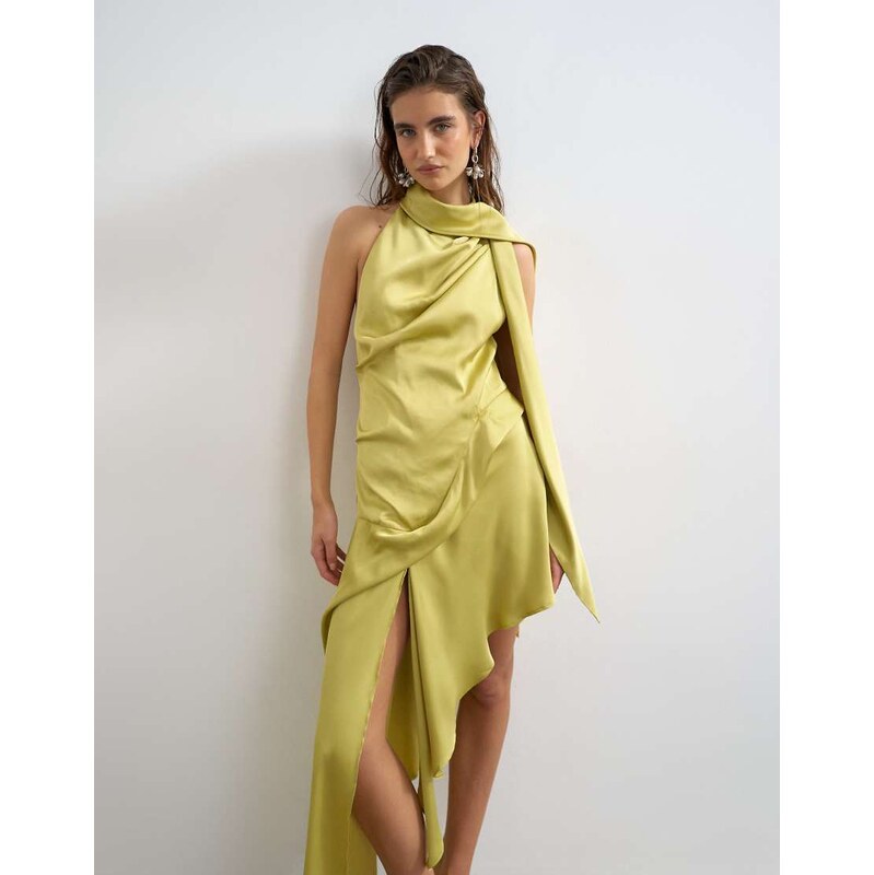 Topshop premium satin halter asymmetric mini dress with scarf