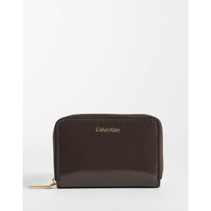 Calvin Klein foil logo glossy zip purse in chocolate brown